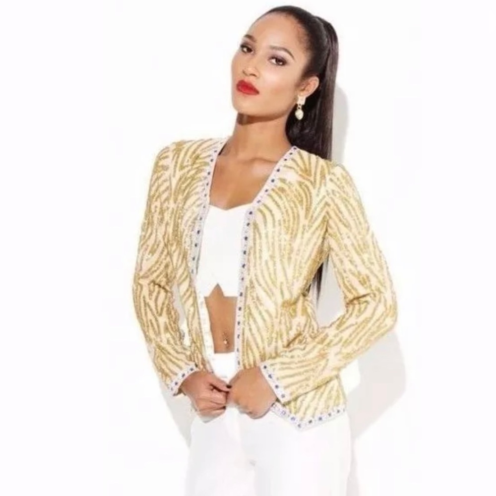 Virgos Lounge Gold Trophy Sleeved Beaded Jacket